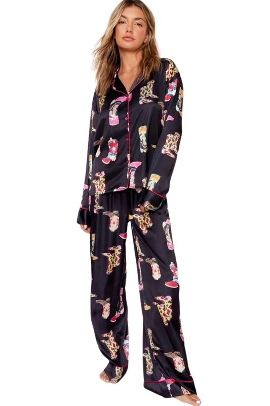Black Western Cowgirl Boots Printed Satin Long Pajama Set