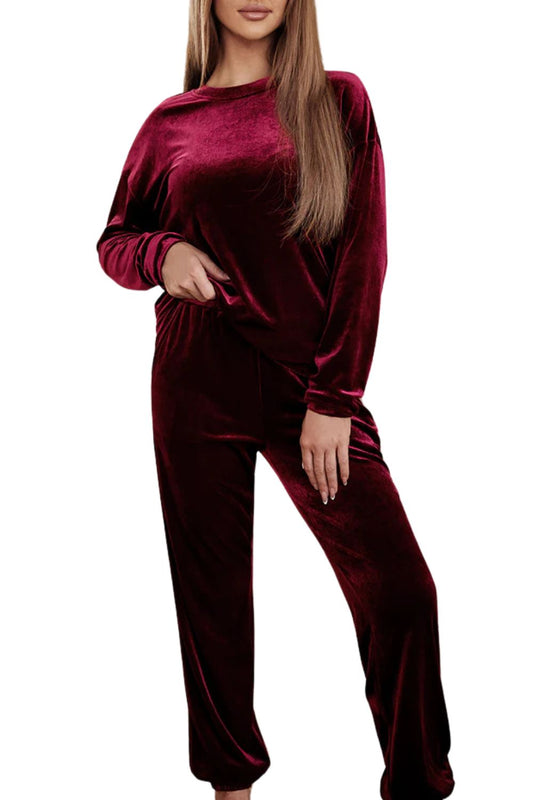 Fiery Red Solid Velvet Two Piece Lounge Set
