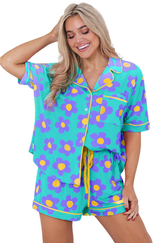 Green Flower Valentine’s Pajama Set – Short Sleeve Shirt & Shorts
