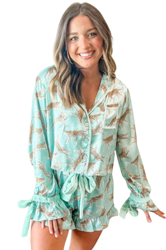Green Leopard Satin Ruffle Pajama Short Set