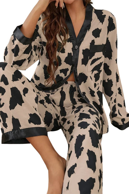 Khaki Cheetah Contrast Trim Loose Fit Two Piece Sleepwear
