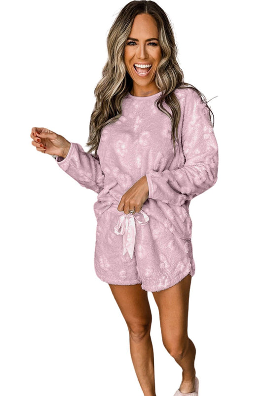 Lavendula Textured Leopard Fleece Loose Two Piece Lounge Set