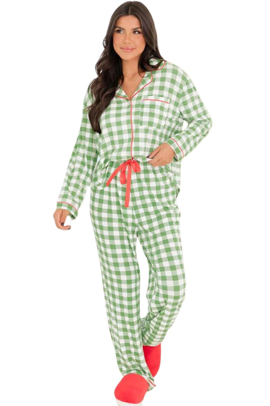 Light Green Plaid Print Shirt and Pants Pajama Set