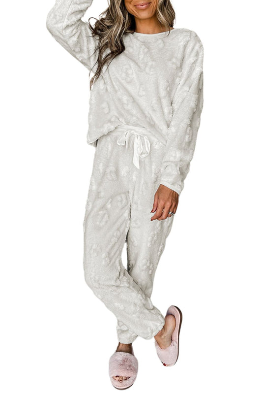 Light Grey Leopard Textured Loose Fit Fleece Lounge Set