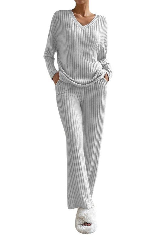Light Grey Ribbed Knit V Neck Slouchy Two-piece Outfit