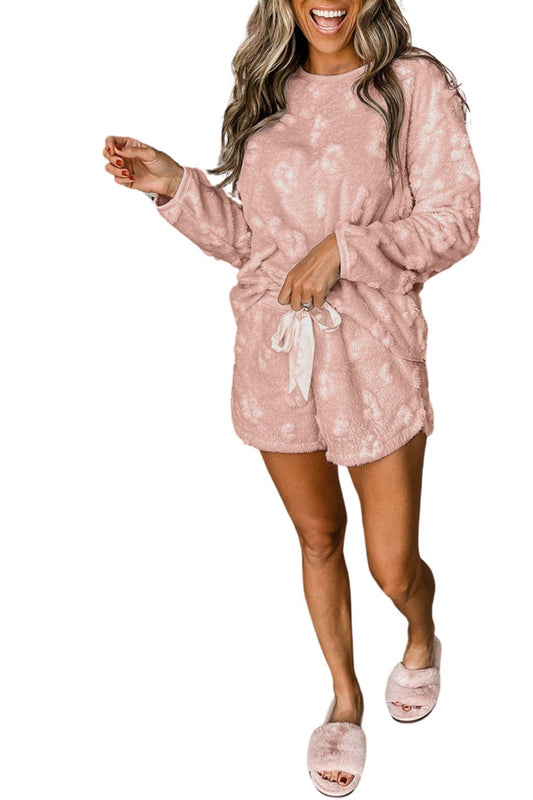 Light Pink Textured Leopard Fleece Loose Two Piece Lounge Set