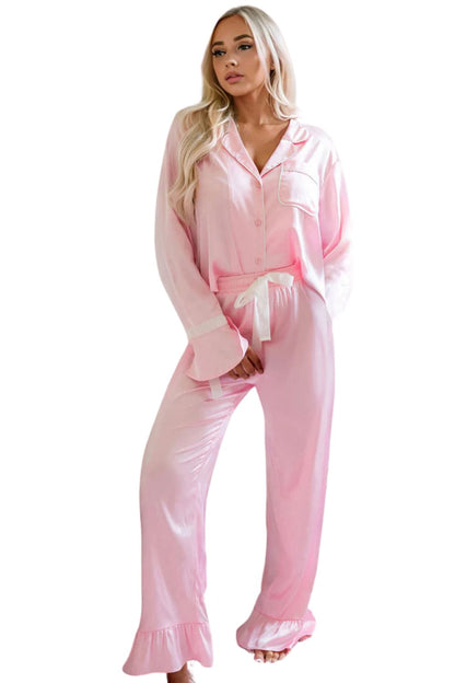 Light Pink Satin Knot Accent Shirt and Ruffled Pants Lounge Set