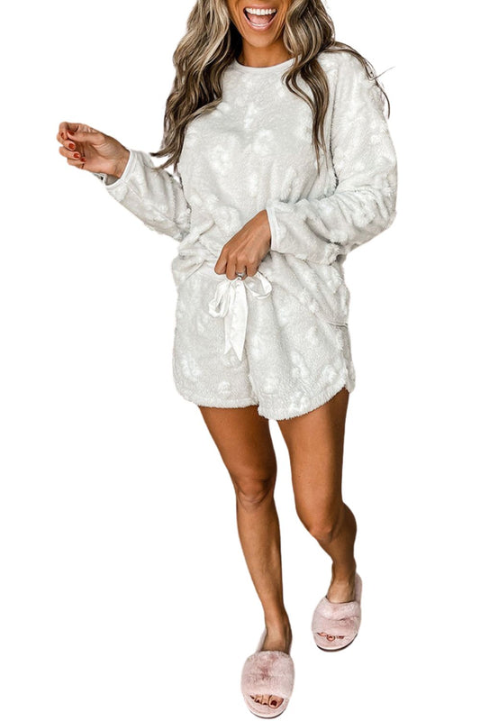 Light Grey Textured Leopard Fleece Loose Two Piece Lounge Set