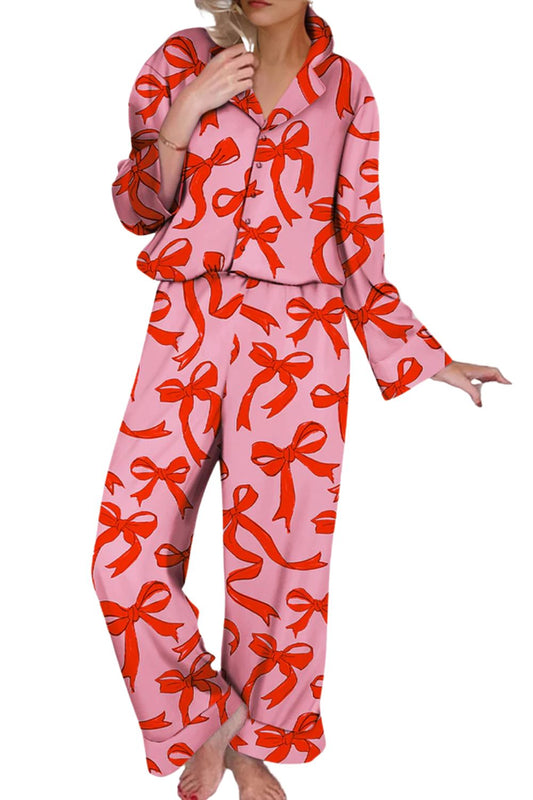 Pink 2pcs Bow Print Pajama Set – Shirt Style, Long Sleeve for Valentine’s
