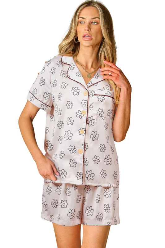 Beige Floret Printed Pajama Shorts Set