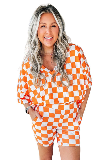 Orange Checkerboard Print V Neck Loose Tee and Shorts Lounge Set