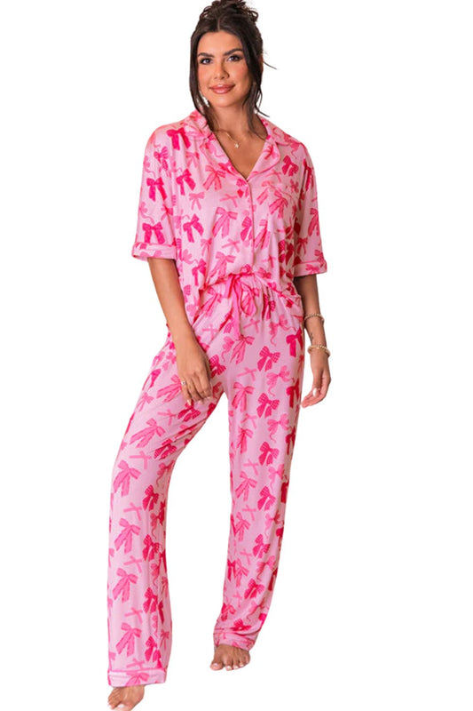 Pink Bow Knot Print Pajama Set – Lapel Collar, Short Sleeve & Pants for Valentine’s