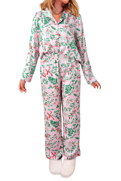 Pink Berries Plant Print Satin Long Sleeve Pajama Set