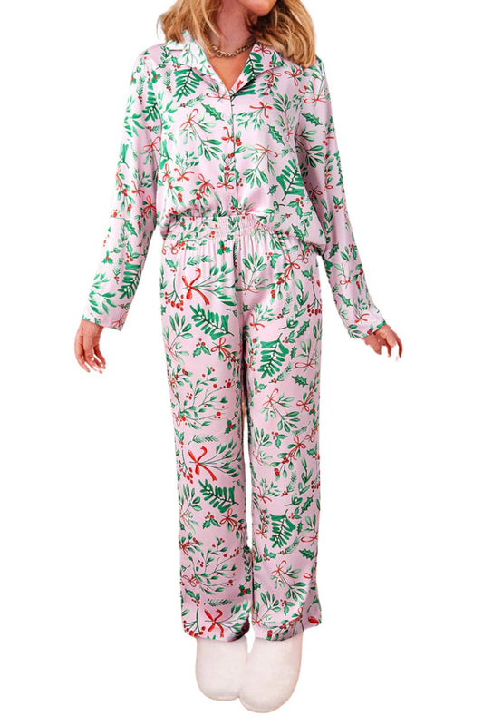 Pink Berries Plant Print Satin Long Sleeve Pajama Set