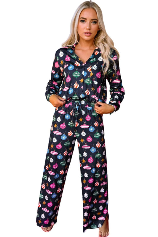 Navy Blue Colorful Lights Print Shirt and Pants Pajama Set