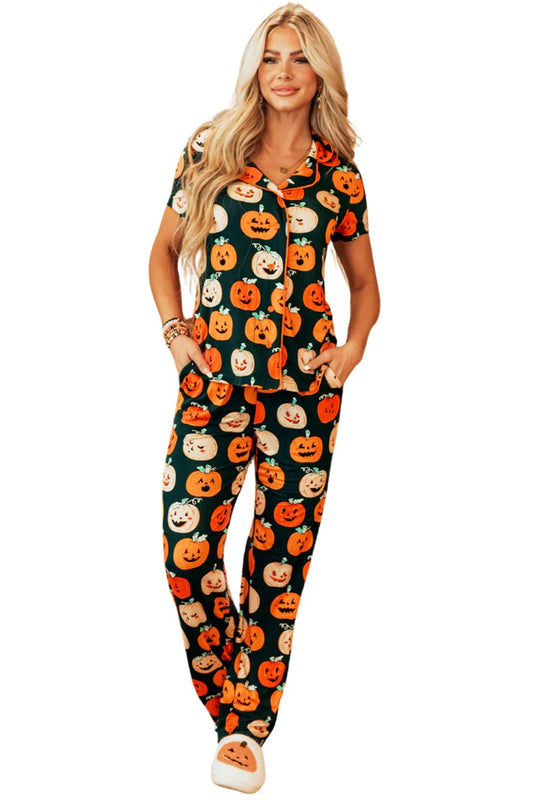 Orange Pattern Short Sleeve Shirt Pajama Set