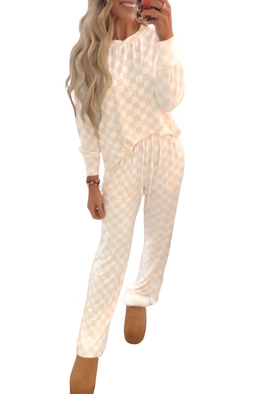 Beige Checkered Print Long Sleeve Top and Pants Lounge Set
