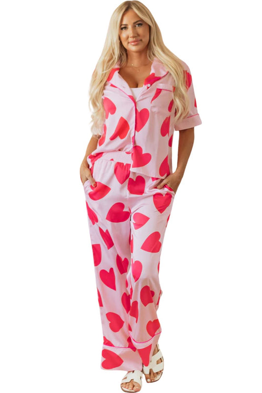 Pink Classic Heart Valentines Short Sleeve Pants Pajamas Set