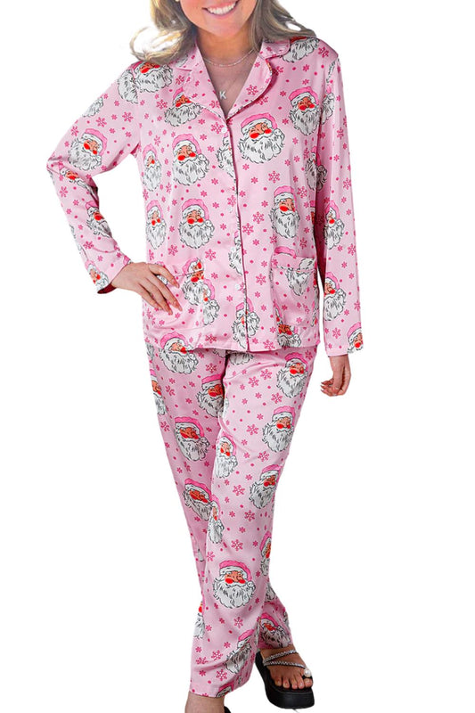 Pink Santa Claus Snowflake Long Sleeve Shirt Pajama Set