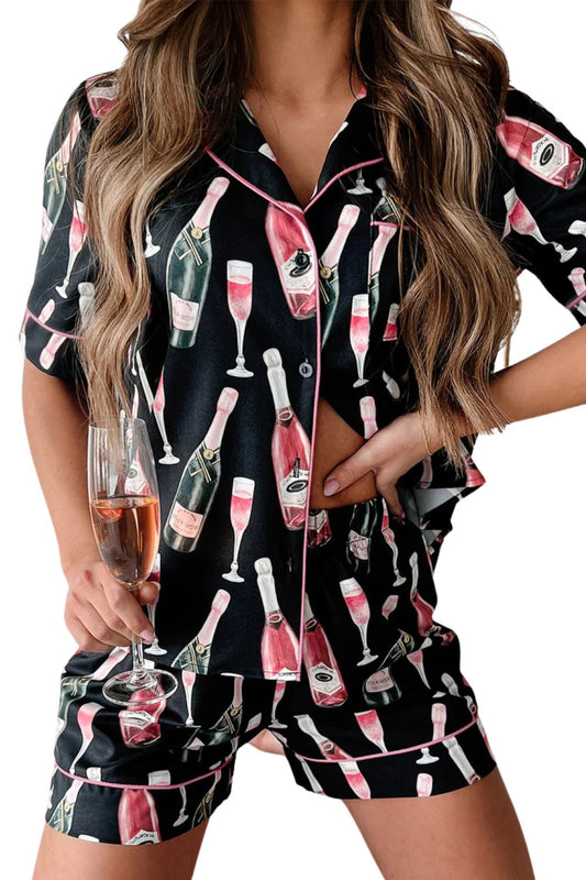 Black Champagne Print Silky Pajama Set – Short Sleeve for Valentine’s