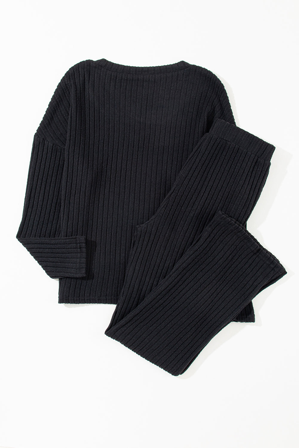 Black Ribbed Knit V Neck Slouchy Two-piece Outfit