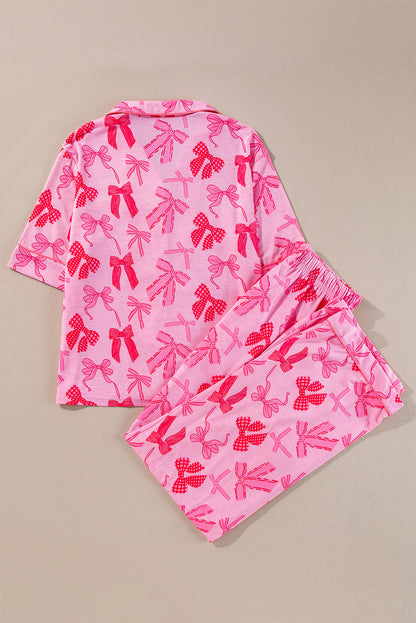 Pink Bow Knot Print Pajama Set – Lapel Collar, Short Sleeve & Pants for Valentine’s