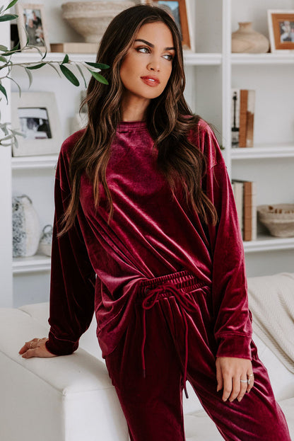 Fiery Red Solid Velvet Two Piece Lounge Set