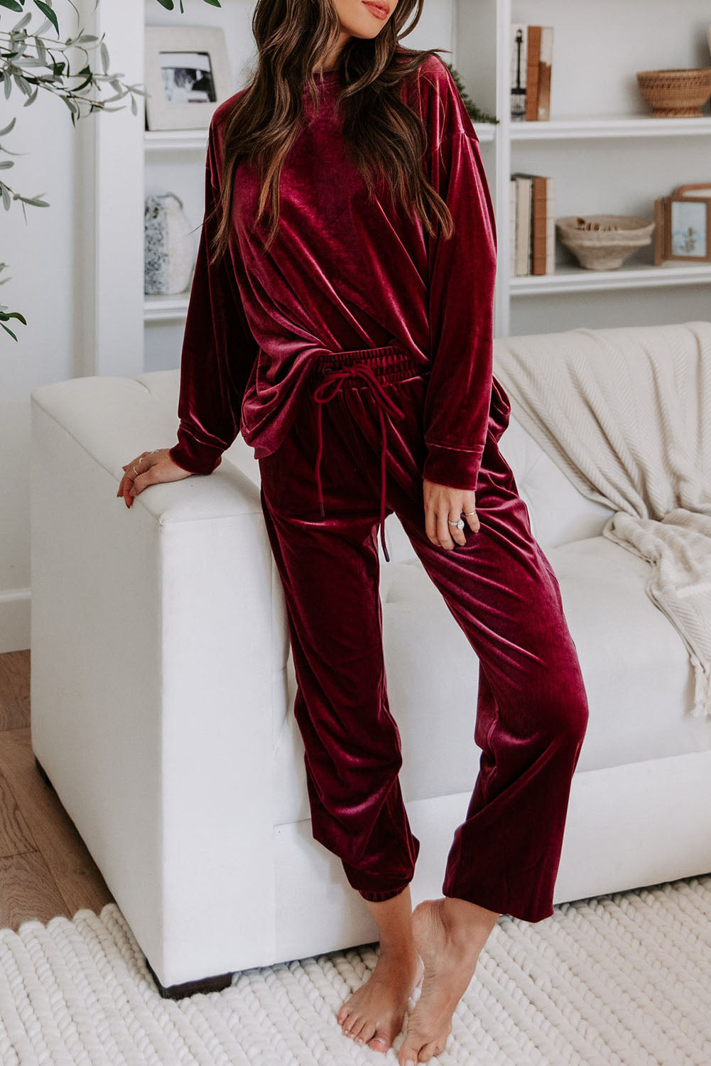 Fiery Red Solid Velvet Two Piece Lounge Set