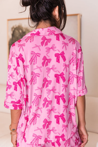 Pink Valentine's Bow Print Half Sleeve Shirt and Shorts Pajamas Set