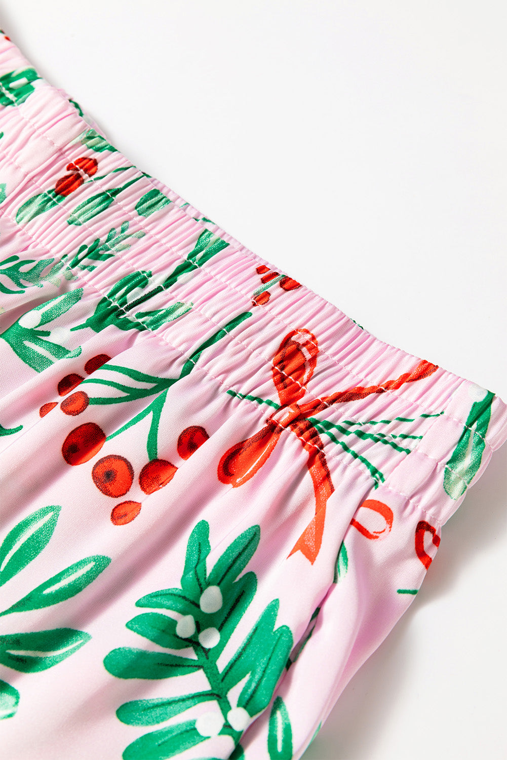 Pink Christmas Berries Plant Print Satin Long Sleeve Pajama Set