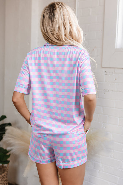 Valentine’s Purple Checkered Pajama Set – Short Sleeve Comfort & Style
