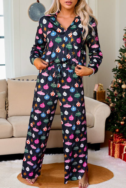 Navy Blue Colorful Lights Print Shirt and Pants Pajama Set
