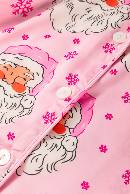 Pink Santa Claus Snowflake Long Sleeve Shirt Pajama Set