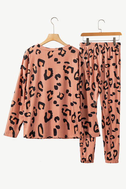 Pale Chestnut Leopard Long Sleeve Top and Drawstring Pants Set