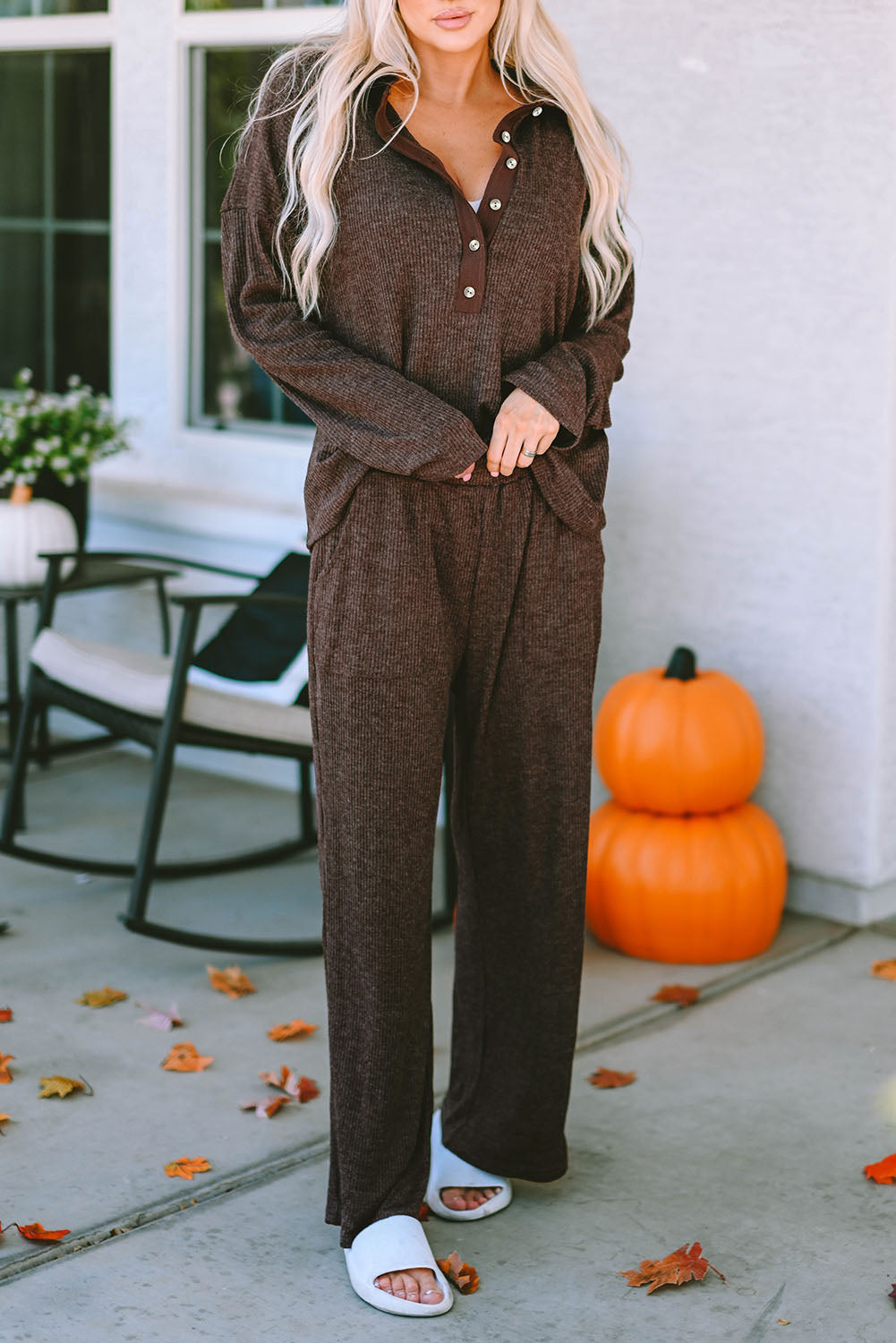 Brown Ribbed Knit Collared Henley Top and Pants Lounge Outfit